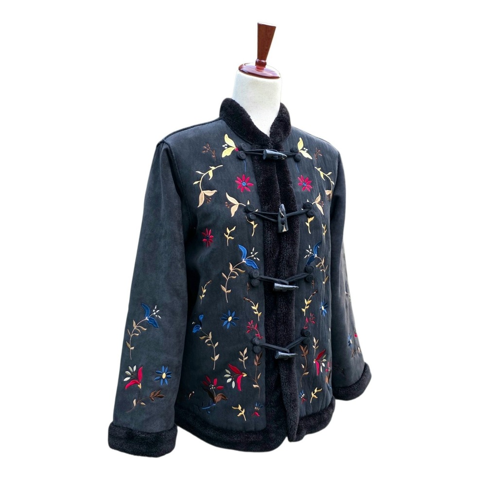 VTG Penny Lane Coat Size M Black Phoebe Toggle Floral Faux Suede Y2K Shearling